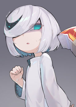 1girl ? artist_name banknote blue_eyes blue_hair blue_pupils bright_pupils child colored_extremities colored_inner_hair colored_skin commentary commentary_request disgust dollar_bill dotted_background dress from_below glitch glowing grey_background hair_between_eyes hair_over_eyes hair_over_one_eye hand_on_own_chest highres humanoid_robot looking_at_viewer money money_gesture multicolored_hair myuutau_tadakichi nervous_sweating open_mouth robot robot_girl sage_(sonic) shirt short_hair signature simple_background skirt solo sonic_(series) sonic_frontiers spoken_question_mark sweat sweatdrop twitter_username white_dress white_hair white_shirt white_skin wide_sleeves