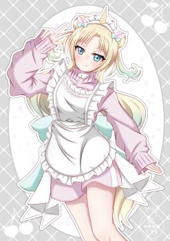 >:) 1girl absurdres alternate_costume animal_ear_hairband animal_ears apron blonde_hair blue_eyes blue_hair border cherry closed_mouth commentary fake_animal_ears fake_horns fang fang_out feet_out_of_frame food frilled_apron frills fruit gradient_hair grey_border hairband highres horn_hairband horns horse_ears jacket jersey_maid link!_like!_love_live! long_hair long_sleeves love_live! maid maid_apron maid_headdress multicolored_hair osawa_rurino oval_image pinching_sleeves pink_jacket pink_shorts short_shorts shorts single_horn sleeves_past_wrists solo split_mouth toniko_(ncmk_yua) track_jacket twintails unconventional_maid unicorn_horn v-shaped_eyebrows virtual_youtuber w watermark white_apron white_background