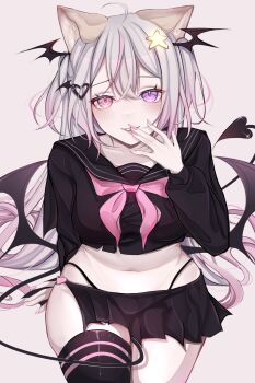 1girl absurdres animal_ears annytf black_shirt black_skirt black_thighhighs breasts commentary covering_own_mouth cowboy_shot demon_girl demon_tail demon_wings double-parted_bangs fingernails fox_ears fox_girl grey_hair hair_between_eyes hair_ornament hand_over_own_mouth hand_up head_wings heart heart_hair_ornament heterochromia highres indie_virtual_youtuber long_hair long_sleeves looking_at_viewer microskirt midriff multicolored_hair nail_polish panty_straps parted_lips pink_eyes pink_nails pink_streaks purple_eyes rosheil shirt simple_background single_thighhigh skirt small_breasts smile solo star_(symbol) star_hair_ornament streaked_hair tail thighhighs virtual_youtuber wings
