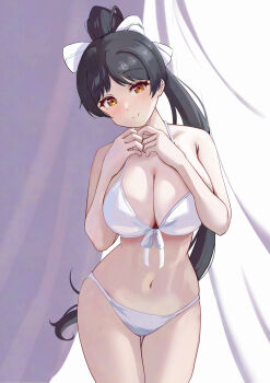 1girl bare_arms bikini black_hair blush bow breasts brown_eyes cleavage collarbone cowboy_shot hair_bow hazuki_ren highres large_breasts long_hair looking_at_viewer love_live! love_live!_superstar!! navel pisagi ponytail sidelocks smile solo standing swimsuit very_long_hair white_bikini white_bow
