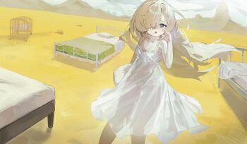 1girl absurdres bed blonde_hair breasts commentary_request dress hair_over_one_eye highres holding holding_pillow long_hair looking_at_viewer marukaka one_eye_covered open_mouth original outdoors panties pillow purple_eyes see-through_clothes see-through_dress see-through_silhouette sky sleeveless sleeveless_dress small_breasts solo underwear very_long_hair white_dress white_panties