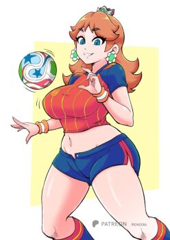 1girl ball blue_eyes blue_shorts blue_socks breasts brown_hair crown earrings fang flower_earrings grin jewelry jumping kneehighs large_breasts long_hair looking_at_viewer mario_(series) midriff momocka-art navel nintendo open_fly princess princess_daisy raglan_sleeves red_shirt shirt short_sleeves shorts smile soccer soccer_ball socks star_(symbol) striped_clothes striped_shirt sweatband teeth white_background wristband