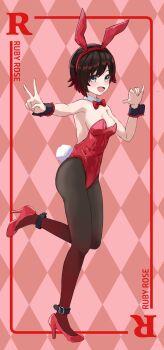 1girl animal_ears ankle_cuffs argyle_background argyle_clothes bare_shoulders black_hair black_pantyhose blush border bow bowtie breasts character_name cleavage collar collarbone detached_collar diamond_(shape) english_text fake_animal_ears gradient_hair grey_eyes high_heels highleg highleg_leotard highres leotard looking_at_viewer medium_breasts multicolored_hair open_mouth pantyhose patterned_background playboy_bunny rabbit_ears rabbit_tail red_bow red_bowtie red_footwear red_hair ruby_rose rwby ryoha_kosako short_hair sleeveless solo standing standing_on_one_leg strapless strapless_leotard tail v wrist_cuffs