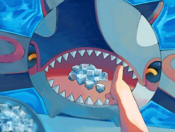 1other bucket closed_eyes fangs gen_3_pokemon highres ice ice_cube kyogre legendary_pokemon nintendo open_mouth outdoors p9kfxaofqi54546 pokemon pokemon_(creature) pokemon_focus pool poolside pov pov_hands sharp_teeth smile teeth water