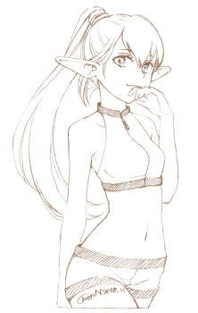 1girl bare_shoulders breasts chiori_n commentary_request crop_top elf graphite_(medium) highres light_smile long_hair looking_at_viewer monochrome navel original pointy_ears ponytail short_shorts shorts small_breasts solo traditional_media