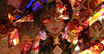 1girl abstract_background absurdres black_hair colorful commentary dark_skin english_commentary hat highres kevin_adi looking_at_viewer original red_eyes solo teeth wizard_hat