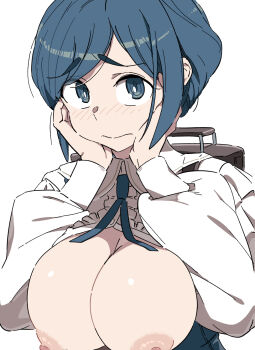 1girl backpack bag blue_eyes blue_hair blue_ribbon blush breasts closed_mouth collared_shirt commentary_request frilled_shirt frills fukurai_azami hands_on_own_cheeks hands_on_own_face hands_up highres large_breasts long_sleeves looking_at_viewer neck_ribbon nipples nose_blush open_clothes open_shirt raised_inner_eyebrows ribbon shirt short_hair simple_background solo swept_bangs toshi_densetsu_kaitai_center touniyuu upper_body white_background white_shirt