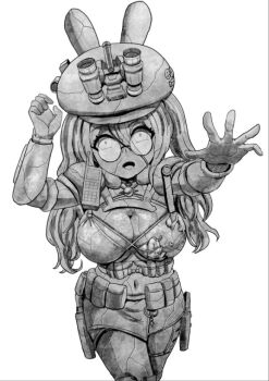 armor belt blush breasts cleavage cowboy_shot female_focus fingerless_gloves gloves greyscale hat helmet large_breasts long_hair looking_at_viewer lotusgun monochrome navel open_mouth petrification pouch scar simple_background solo statue stone_statue teeth torn_clothes weapon white_background wide-eyed