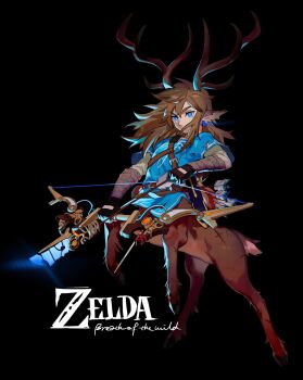 1boy animal_ears antlers arrow_(projectile) black_background blue_eyes blue_tunic bow_(weapon) brown_hair centauroid champion&#039;s_tunic_(zelda) chinese_commentary commentary_request deer_antlers deer_boy deer_ears drawing_bow fingerless_gloves gloves highres holding holding_bow_(weapon) holding_weapon hooves horns link long_hair looking_at_viewer male_focus monster_boy monsterification nintendo rearing scar shime52631 simple_background solo taur the_legend_of_zelda the_legend_of_zelda:_breath_of_the_wild tunic weapon