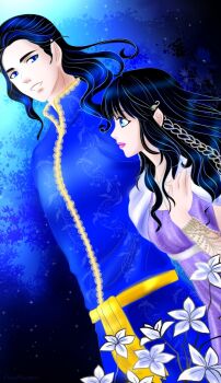 1boy 1girl artist_name black_hair blue_eyes blue_hair braid brother_and_sister cinemairon closed_mouth elf eyelashes fingolfin floating_hair flower hair_ornament height_difference highres irime looking_at_another looking_up parted_lips pointy_ears profile siblings smile teeth the_silmarillion tolkien&#039;s_legendarium white_flower