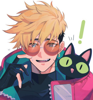 Rule 34 | !, 1boy, animal, black gloves, black hair, black shirt, blonde hair, blue eyes, cat, coat, commentary, earrings, english commentary, flying sweatdrops, gloves, green coat, highres, jewelry, looking at viewer, male focus, multicolored hair, open mouth, orange-tinted eyewear, partially fingerless gloves, piercing, red coat, rimless eyewear, round eyewear, shirt, short hair, simple background, single earring, solo, teeth, tinted eyewear, trigun, trigun stampede, turtleneck, two-sided coat, two-sided fabric, two-tone hair, upper body, vash the stampede, white background, xestria
