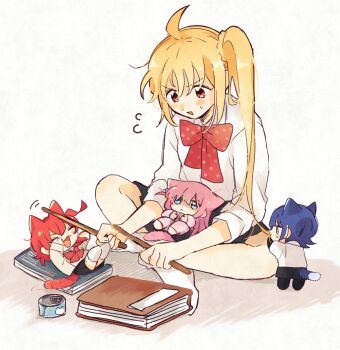 4girls ahoge animal_ears black_skirt blonde_hair blue_eyes blush bocchi_the_rock! book bow bowtie brown_shirt can cat_ears cat_girl cat_tail closed_eyes closed_mouth commentary_request cube_hair_ornament deformed depressed dot_nose drumsticks flustered fuji_1221 gotoh_hitori green_eyes hair_in_another&#039;s_mouth hair_ornament happy highres holding holding_drumsticks ijichi_nijika indian_style jacket kessoku_band kita_ikuyo long_hair long_sleeves looking_at_another lying mini_person multiple_girls no_shoes on_back on_lap open_mouth orange_eyes pants pet_food pink_hair pink_jacket pink_pants playing pleated_skirt polka_dot polka_dot_bow polka_dot_bowtie red_bow red_bowtie school_uniform shimokitazawa_high_school_uniform shirt shuka_high_school_uniform side_ponytail simple_background sitting skirt smile socks standing sweatdrop tail v-shaped_eyebrows very_long_hair white_background white_shirt white_socks wispy_bangs yamada_ryo