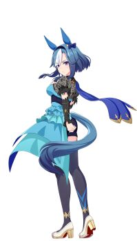 1girl 3d admire_groove_(umamusume) animal_ears blue_hair bow breasts capelet ear_bow ear_covers game_model heterochromia high_heels highres horse_ears horse_girl horse_tail lace_trim large_breasts looking_back mole mole_under_mouth multicolored_hair official_art see-through_clothes shoes short_hair solo tail thighhighs transparent_background two-tone_hair umamusume white_shoes wrist_wrap