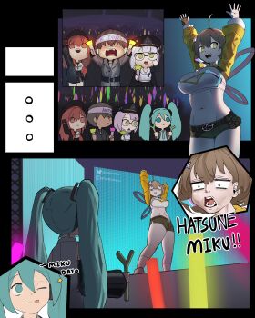 4girls absurdres anis_(nikke) anis_(star)_(nikke) black_hat black_shorts blue_eyes blue_hair breasts brown_hair brown_shirt chibi cleavage closed_mouth concert detached_sleeves faceless faceless_male food glowstick goddess_of_victory:_nikke green_eyes hat hatsune_miku headband highres holding holding_food holding_glowstick holding_spring_onion holding_vegetable jacket large_breasts long_hair long_sleeves looking_at_another medium_hair multiple_girls neon_(nikke) neon_(vision_eye)_(nikke) one_eye_closed open_mouth rapi_(nikke) rapi_(red_hood)_(nikke) red_eyes red_hair shirt short_hair shorts spring_onion standing surprised tongue tongue_out twintails vegetable vocaloid white_headband white_shirt yellow_eyes yellow_jacket yerboidan1