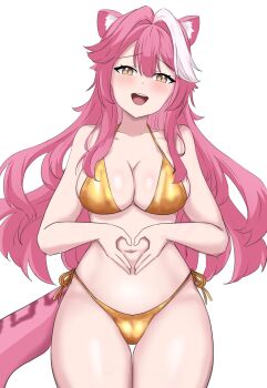 1girl absurdres animal_ears bare_shoulders bikini blush breasts cleavage collarbone commentary english_commentary hair_intakes highres hololive hololive_english large_breasts long_hair multicolored_hair navel open_mouth panther_ears panther_girl panther_tail pink_hair pink_tail raora_panthera shirohodo side-tie_bikini_bottom simple_background smile solo stomach streaked_hair swimsuit tail teeth thighs transparent_background two-tone_hair upper_teeth_only virtual_youtuber yellow_bikini yellow_eyes