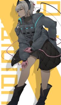 1girl arknights bird_girl black_feathers black_gloves cable cable_tail character_name closed_eyes commentary_request dark-skinned_female dark_skin earrings electric_plug electric_plug_tail extra_arms feather_hair feathers gloves grey_hair head_wings highres jewelry kakakaeru mechanical_tail parted_lips pink_gloves raidian_(arknights) rhodes_island_logo_(arknights) short_hair smile solo tail wings yellow_background