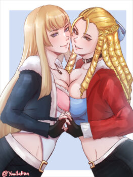 Rule 34 | 2girls, belt, blonde hair, blue eyes, bra, breast press, breasts, cleavage, crop top, cropped jacket, crossover, emilie de rochefort, fingerless gloves, from side, gloves, hair ribbon, holding hands, kanzuki karin, lips, long hair, long sleeves, looking at viewer, medium breasts, multiple girls, necktie, ribbon, street fighter, tekken, underwear, yellow eyes, yumilattea