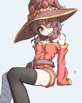 1girl 7kitte absurdres bandaged_leg bandages belt brown_belt brown_hair brown_hat button_eyes buttons closed_mouth dress eyepatch hat highres invisible_chair kono_subarashii_sekai_ni_shukufuku_wo! long_hair megumin red_dress red_eyes single_thighhigh sitting solo sweat thighhighs
