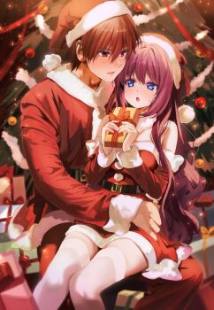 1boy 1girl a-chan_(little_busters!) blue_eyes blush box brown_hair christmas christmas_ornaments christmas_present christmas_tree commentary_request dress fur-trimmed_dress fur-trimmed_headwear fur_trim gift gift_box hat highres holding holding_gift little_busters! miiizuno_lbs natsume_kyousuke red_dress red_eyes red_hat santa_costume santa_dress santa_hat sitting sitting_on_lap sitting_on_person thighhighs wavy_hair white_thighhighs
