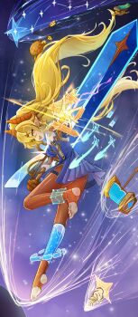 1girl :d absurdres blonde_hair blue_dress chinese_commentary coin commentary dress eyepatch flat_chest genderswap genderswap_(mtf) gold_coin hammer highres holding holding_sword holding_weapon horns long_hair looking_at_viewer minion_(slay_the_spire) open_mouth orange_eyes orange_pantyhose pantyhose shaowuyang_bujiao_shaowujia slay_the_spire slay_the_spire_2 smile solo stirrup_legwear sword the_regent_(slay_the_spire) toeless_legwear weapon