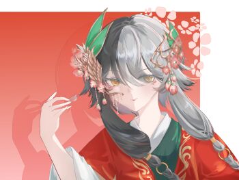 1boy between_fingers black_hair border bow braid cherry_blossoms chinese_clothes chinese_commentary commentary_request flower grey_hair hair_between_eyes hair_extensions hair_flower hair_ornament hand_up hanfu happy highres holding holding_petal huidaohe infinity_nikki long_sidelocks long_sleeves loose_hair_strand male_focus multicolored_hair nikki_(series) outside_border petals pink_flower red_bow red_hanfu ring_hair_extensions shadow short_hair_with_long_locks side_braid sidelocks solo split-color_hair tan_youyou_(infinity_nikki) twin_braids two-tone_hair upper_body white_border wide_sleeves
