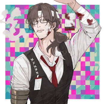 1boy absurdres arm_up arthropod_limbs bags_under_eyes bandage_on_face bandaged_arm bandaged_head bandages bandaid bandaid_on_face beard_stubble black-framed_eyewear black-framed_glasses black_vest blood blood_on_clothes blood_on_face blood_splatter blood_stain border brown_hair checkered_background cigarette collarbone collared_shirt dress_shirt eyes_visible_through_hair facial_hair formal_clothes glasses gregor_(project_moon) hair_between_eyes hair_over_shoulder half-closed_eyes hand_up highres id_card injury lanyard limbus_company lips long_hair long_sleeves looking_at_viewer looking_down loose_necktie low_ponytail male_focus mouth_hold name_tag necktie outside_border pants parted_bangs parted_lips photoshop_(medium) ponytail project_moon red_necktie sanpaku semi-rimless_eyewear shirt simple_background sleeves_rolled_up smile smoke smoking solo stubble sweat uibou00000 under-rim_eyewear upper_body vest white_border white_shirt wing_collar yellow_eyes