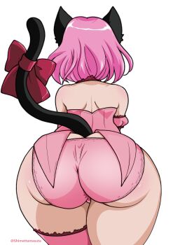 1girl absurdres animal_ears ass back backless_outfit bell bow cat_ears cat_tail choker dress frilled_choker frills gloves highres huge_ass jingle_bell magical_girl mew_ichigo momomiya_ichigo off-shoulder_dress off_shoulder panties pink_choker pink_hair puffy_sleeves shimetta_masuta shiny_skin short_dress short_hair skirt solo tail tail_bell tail_bow tail_ornament thigh_strap tokyo_mew_mew transparent_background underwear