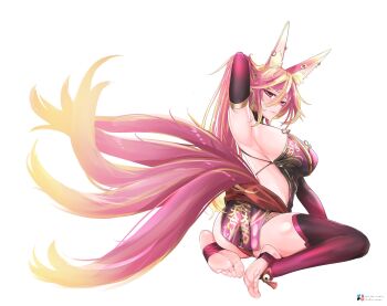 1girl animal_ears barefoot breasts feet highres indie_virtual_youtuber large_breasts long_hair looking_at_viewer multicolored_hair multiple_tails pink_eyes pink_hair sanada_sakichina soles stirrup_legwear streaked_hair tail the_raineman toeless_legwear toes