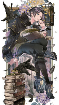 1boy aqua_eyes aqua_gemstone ascot bird birdcage black_cape black_pants black_socks book book_stack border brown_hair brown_vest cage candle cape closed_mouth commentary_request crow cyrus_albright feathers fire flower flower_request gem gold_trim hand_on_own_chin highres holding holding_quill invisible_chair leaf looking_at_viewer low_ponytail male_focus octopath_traveler octopath_traveler_i open_book pantaloons pants parted_bangs ponytail purple_flower quill shirt short_ponytail sitting socks solo twitter_username u_arca_u vest white_ascot white_border white_shirt yellow_flower
