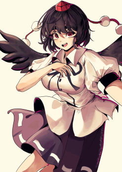 1girl absurdres bilingual_commentary black_hair black_ribbon black_skirt black_wings bob_cut breasts commentary feathered_wings fingernails hand_on_own_chest hat highres looking_at_viewer medium_breasts mixed-language_commentary neck_ribbon pom_pom_(clothes) puffy_short_sleeves puffy_sleeves red_eyes ribbon shameimaru_aya shirt short_hair short_sleeves simple_background skirt smile solo teeth thick_eyebrows tokin_hat touhou upper_teeth_only user_jnhm8724 white_background white_shirt wings