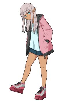 Rule 34 | 1girl, :p, absurdres, blue eyes, blue shirt, blue shorts, dark-skinned female, dark elf, dark skin, elf, full body, grey hair, hands in pockets, highres, hood, hood down, hoodie, jacket, karla (kono healer mendokusai), kono healer mendokusai, long hair, looking at viewer, official art, pink hoodie, pink jacket, pink shoes, platform shoes, pointy ears, shirt, shoes, shorts, simple background, sneakers, solo, tannen ni hakkou, tongue, tongue out, white background