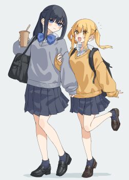 2girls :d absurdres backpack bag black_hair black_shoes blonde_hair blue_bow blue_eyes blue_skirt blue_socks blush bow brown_eyes brown_sweater closed_mouth collared_shirt commentary_request cup disposable_cup dress_shirt drinking_straw grey_background grey_sweater highres holding holding_cup kopaka_(karda_nui) loafers long_hair long_sleeves multiple_girls open_mouth original pleated_skirt ponytail puffy_long_sleeves puffy_sleeves ribbed_socks school_bag school_uniform shirt shoes simple_background skirt sleeves_past_wrists smile socks standing standing_on_one_leg sweater tiptoes twintails white_shirt yuri