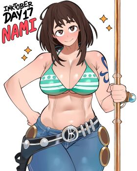 1girl 2025 bangle bare_shoulders belt bikini bikini_top_only black_belt boku_no_hero_academia bracelet breasts brown_eyes brown_hair cleavage collarbone cosplay denim female_focus green_bikini hand_on_own_hip holster jeans jewelry large_breasts log_pose looking_at_viewer loopvoid matching_hair/eyes nami_(one_piece) nami_(one_piece)_(cosplay) nami_(one_piece)_(return_to_sabaody) navel one_piece pants shoulder_tattoo sidelocks smile solo swimsuit tattoo uraraka_ochako voice_actor_connection white_background