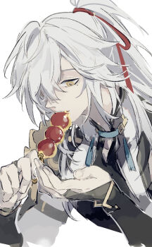 alternate_costume eating food hair_over_one_eye highres holding holding_food honkai:_star_rail honkai_(series) jing_yuan long_hair looking_down male_focus mississipping mole mole_under_eye ponytail red_ribbon ribbon simple_background tanghulu upper_body white_background white_hair yellow_eyes