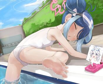 2girls ass back barefoot blue_archive blue_eyes blue_hair blue_sky blush braid closed_eyes cloud commentary day double_bun english_commentary esearu flat_chest fubuki_(blue_archive) fubuki_(swimsuit)_(blue_archive) gluteal_fold goggles goggles_on_head hair_bun halo highres inset kirino_(blue_archive) kirino_(swimsuit)_(blue_archive) loli long_hair mixed-language_commentary multicolored_hair multiple_girls one-piece_swimsuit open_mouth outdoors paid_reward_available poolside sky solo_focus spread_legs swim_goggles swimsuit triangle_mouth two-tone_hair walkie-talkie wet white_hair white_one-piece_swimsuit