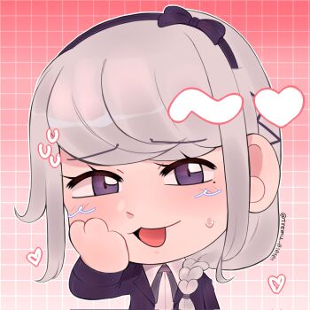 Rule 34 | 1girl, blush, braid, chibi, chibi only, grey hair, grid background, hair ornament, hairclip, hand on own face, headband, heart, highres, kirifuji nozomi, mole, mole under eye, multiple hair clips, necktie, nozoanal, open mouth, purple eyes, sweat, sweatdrop, the hundred line -last defense academy-, white hair