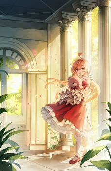 1girl absurdres ahoge dress floating_hair frilled_dress frills full_body hair_intakes highres kneehighs leehong_studio long_hair looking_at_viewer open_mouth orange_hair original petals pillar red_dress red_shoes shoes socks solo stuffed_animal stuffed_toy teddy_bear white_socks