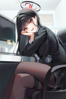 1girl absurdres black_hair black_halo black_jacket black_pantyhose black_skirt blue_archive breasts commentary_request crossed_legs halo hand_on_own_chin highres jacket large_breasts long_hair looking_at_viewer maeng-i_(meng-e) multicolored_halo pantyhose red_eyes red_halo rio_(blue_archive) skirt solo thighs two-tone_halo