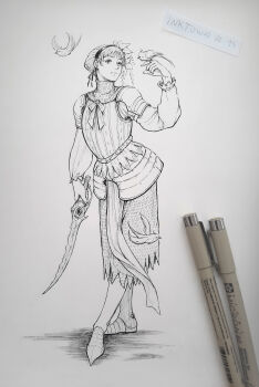 1girl alternate_costume armor art_tools_in_frame bird bird_on_hand blutgang_(fire_emblem) chainmail closed_mouth commentary english_commentary fire_emblem fire_emblem:_three_houses greaves greyscale hairband highres holding holding_sword holding_weapon inktober kazuko_(towa) marianne_von_edmund marianne_von_edmund_(timeskip) monochrome nintendo photo_(medium) solo standing sword traditional_media weapon