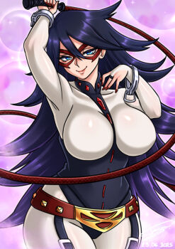 1girl artist_name black_hair blue_eyes bodysuit boku_no_hero_academia closed_mouth commentary dated english_commentary hair_between_eyes holding holding_whip long_hair looking_at_viewer mask mature_female midnight_(boku_no_hero_academia) no_mole purple_hair seductive_smile smile solo superhero_costume taiyudraws whip white_bodysuit