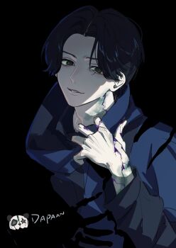 1boy black_background black_eyes black_hair clothes_pull desire_grand_prix_uniform doran_(doran7280) empty_eyes evil_grin evil_smile grin handprint highres kamen_rider kamen_rider_danpaan kamen_rider_geats_(series) male_focus mask panda shirt_pull smile sumida_kanato upper_body virus zombie zombification