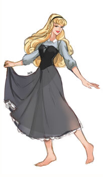 Rule 34 | 1girl, animification, ano (sbee), aurora (disney), barefoot, blonde hair, brown eyes, dress, full body, hairband, lips, long hair, long sleeves, makeup, simple background, sleeping beauty (disney), smile, solo, white background