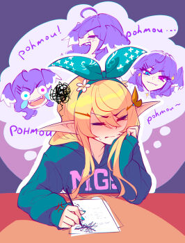 2girls anger_vein aqua_nails blonde_hair blue_eyes blush closed_eyes commentary elbow_rest english_commentary fangs fangs_out hair_between_eyes hair_ornament hairband hairclip head_rest head_wings heterochromia highres holding holding_pen hood hoodie laughing long_hair long_pointy_ears long_sleeves multiple_girls nail_polish nijisanji nijisanji_en paper pen pointy_ears pomu_rainpuff purple_eyes purple_hair ricegnat selen_tatsuki sleeves_past_wrists speech_bubble squiggle thought_bubble v-shaped_eyebrows virtual_youtuber wings