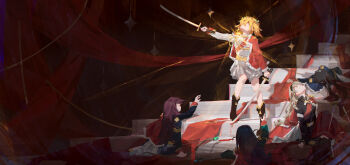 Rule 34 | 6+girls, absurdres, aiguillette, arm up, belt, belt buckle, black boots, black hair, black hairband, black jacket, blonde hair, blood, blood drip, blood on ground, bloody weapon, blue jacket, boots, bow (weapon), brown hair, buckle, carpet, chinese commentary, commentary request, curtains, daiba nana, defeat, dual wielding, faceless, faceless female, facing up, fur-trimmed jacket, fur trim, gem, glint, green gem, green ribbon, grey hair, grey skirt, hair over eyes, hair ribbon, hairband, hand rest, highres, holding, holding bow (weapon), holding sword, holding weapon, hoshimi junna, impaled, indoors, jacket, jacket on shoulders, katana, kneeling, leaning forward, long hair, long sleeves, lying, medium hair, miniskirt, multiple girls, on back, outstretched arm, planted, planted sword, planted weapon, pleated skirt, purple hair, reaching, reaching towards another, red jacket, red sash, ribbon, saijou claudine, sash, shixin changjinglu, short twintails, shoujo kageki revue starlight, shoulder sash, single horizontal stripe, sitting, skirt, sparkle hair ornament, spotlight, stage curtains, stairs, standing, star (symbol), striped clothes, striped skirt, sword, tendou maya, tsuyuzaki mahiru, twintails, waist cape, weapon, white jacket, wide shot, yellow belt