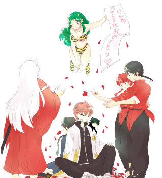 Rule 34 | black hair, braid, breasts, china dress, chinese clothes, cleavage, commentary request, creator connection, crossover, dog ears, dress, dual persona, genderswap, genderswap (mtf), highres, inuyasha, inuyasha (character), kyoukai no rinne, long hair, multiple boys, multiple girls, ranma-chan, ranma 1/2, red eyes, red hair, saotome ranma, short hair, single braid, smile, standing, urusei yatsura