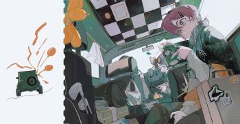 1other 2girls absurdres animal_balloon bag balloon blue_eyes blue_scarf bottle car car_interior closed_mouth cup curtains ear_piercing golf_club hai_yexing_ren hair_between_eyes hair_ornament hairpin highres holding holding_cup jewelry long_sleeves looking_at_another medium_hair motor_vehicle multiple_girls original piercing pink_hair plastic_bag profile ring scarf sticker suitcase unworn_eyewear