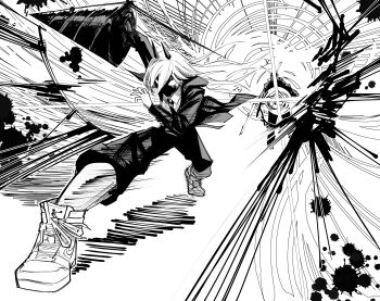 1boy 1girl absurdres blood blood_splatter chainsaw_man commentary drill english_commentary foreshortening greyscale hatching_(texture) heartbreak_juan highres hood hoodie horns monochrome motion_lines necktie pants power_(chainsaw_man) shaded_face shoes sneakers speed_lines sugo_miri