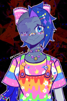 Rule 34 | 1girl, ;>, alternate costume, asymmetrical hair, bandaid, bandaid on face, bandaid on neck, bandaid on nose, blue eyes, blue hair, blue skin, bow, choker, closed mouth, colored skin, commentary, decora, eyelashes, facial mark, flower choker, hair bow, hair ornament, hairclip, heart, heart facial mark, highres, jewelry, kingshiki, knights of guinevere, multicolored overalls, multicolored shirt, necklace, official alternate hair length, official alternate hairstyle, one eye closed, outline, pink bow, princess guinevere, sidecut, single hair intake, smile, solo, sparkle, star (symbol), star facial mark, stitched eye, undercut, upper body, white outline