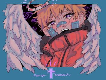 Rule 34 | 1boy, angel wings, blonde hair, blood, blood on face, blue border, border, broken halo, character name, coat, commentary, cross-shaped pupils, english commentary, fangs, feathered wings, gauze, gauze on cheek, halo, highres, injury, kenny mccormick, looking at viewer, male focus, neg 50asu, open mouth, orange coat, purple eyes, short hair, solo, south park, symbol-shaped pupils, tears, white wings, wings