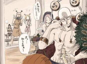 conis_(one_piece) enel kepe mitsudomoe_(shape) one_piece pagaya pink_hair sitting skypiea tomoe_(symbol) wings wiper